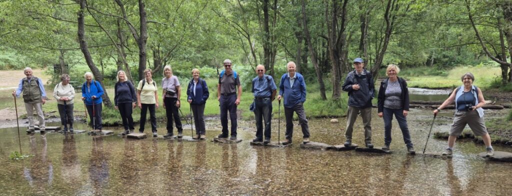 Walking group standing on stepping stones