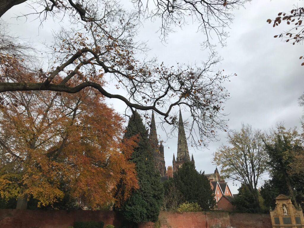 View of the Lichfield Cathedral with the Autumn Colours